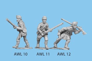 Advancing with rifle over shoulder & tomahawk in other hand.