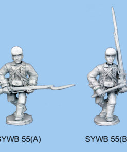 Advancing holding musket on shoulder with one hand and tomahawk in the other hand.