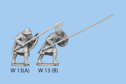 Advancing with long spear in both hands, wearing cloak.