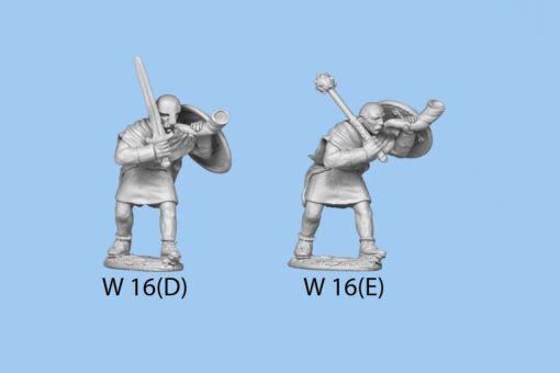 Advancing horn in one hand, club variant in the other, wearing cloak.